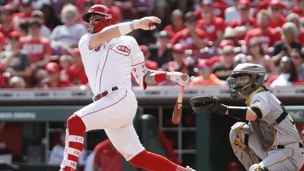 Sep 24, 2023; Cincinnati, Ohio, USA; Cincinnati Reds second baseman Jonathan India (6) hits a single against the Pittsburgh Pirates during the sixth inning at Great American Ball Park. Mandatory Credit: David Kohl-USA TODAY Sports  